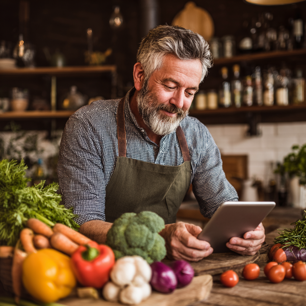 Mature adult reviewing personalized meal plan on tablet with fresh vegetables