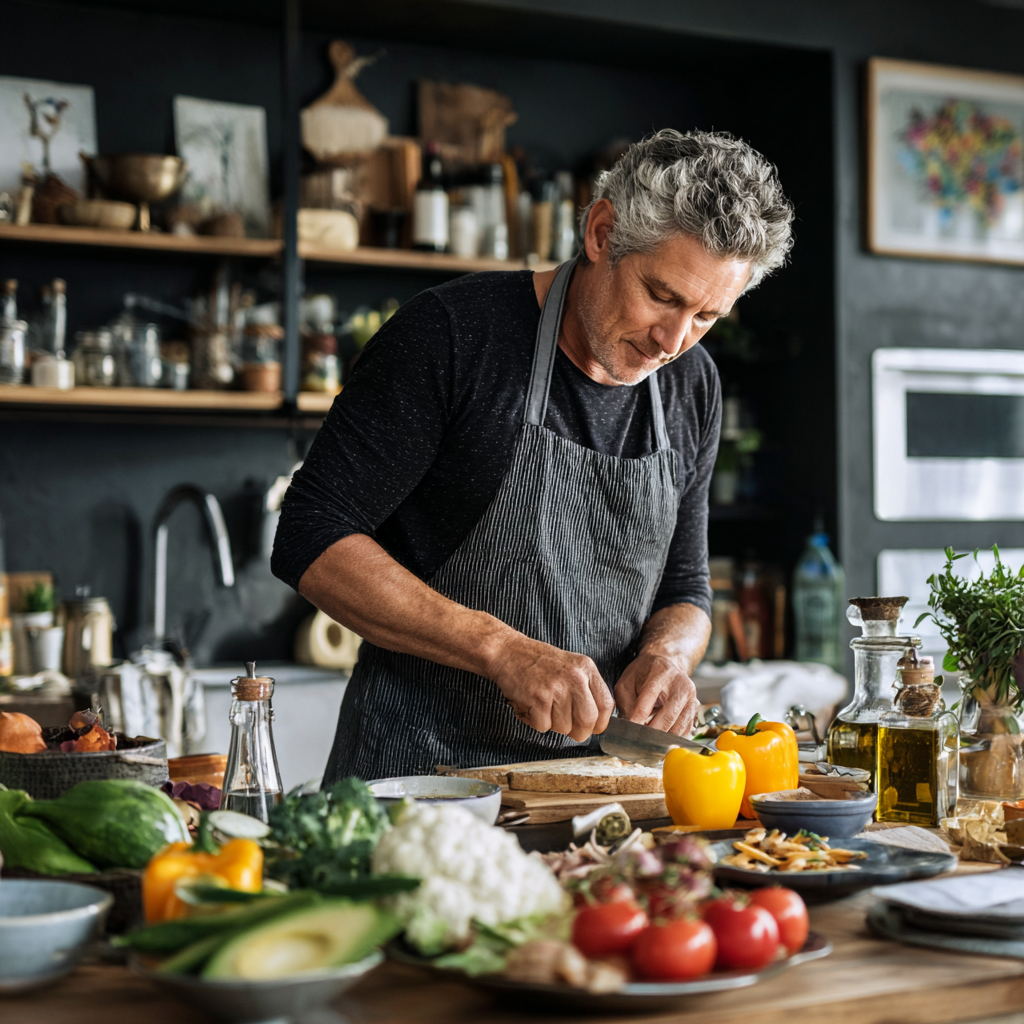 Middle-aged person preparing fresh healthy meal in bright kitchen
